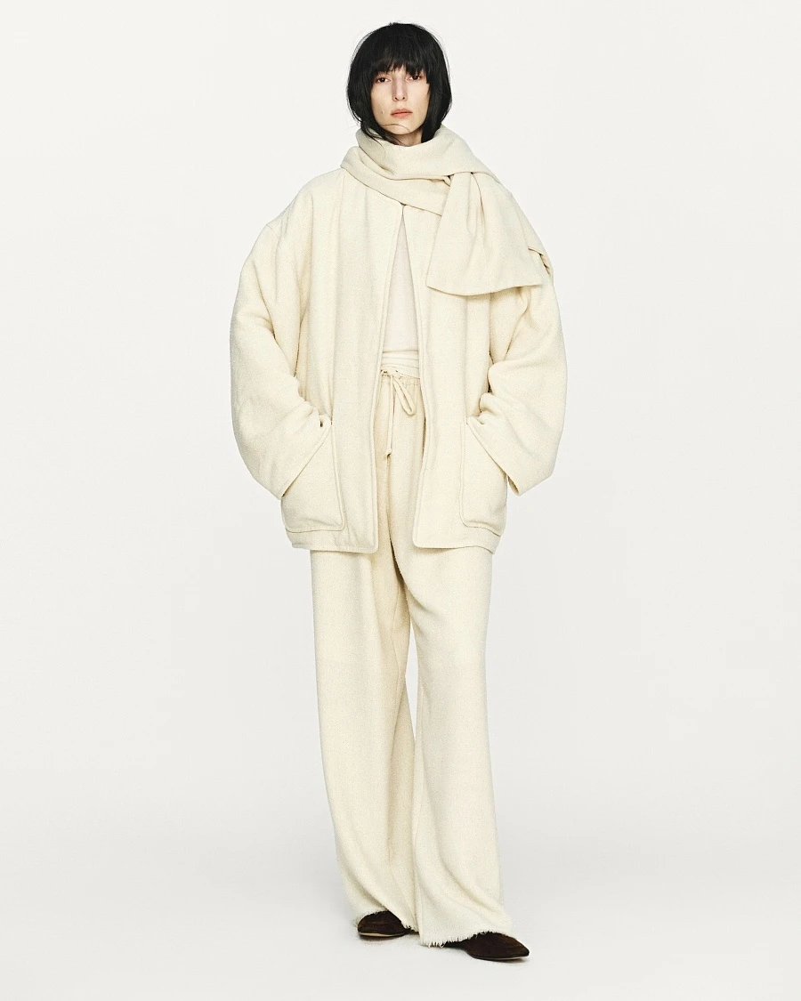 Ivory textured wool scarf cotton jacket