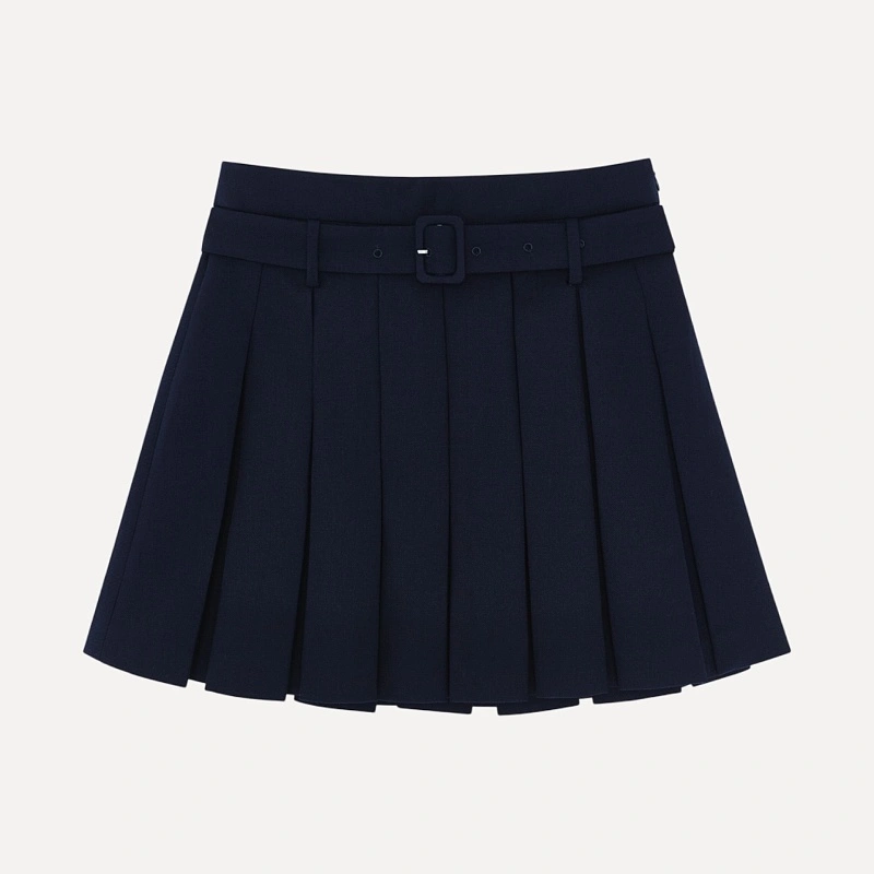 Belt-embellished pleated skirt (navy)