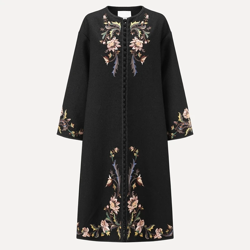 Floral pattern embroidered long coat