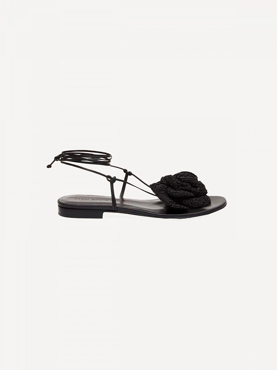 WRAP AROUND FLAT FLOWER SANDALS CROCHET BLACK