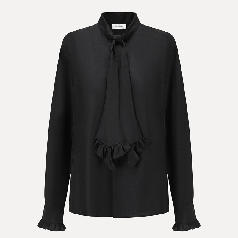 Black lace tie silk shirt