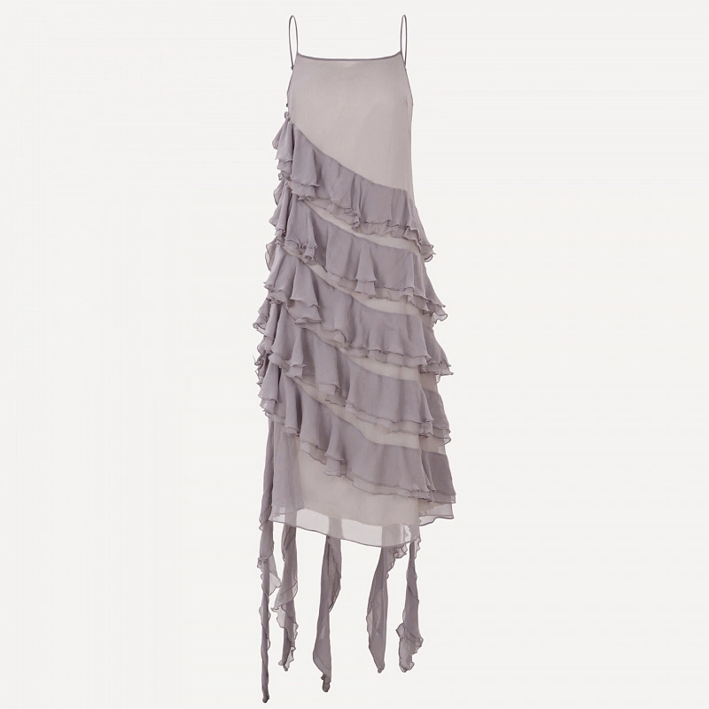 Grey Flouncing Dress in Silk Georgette