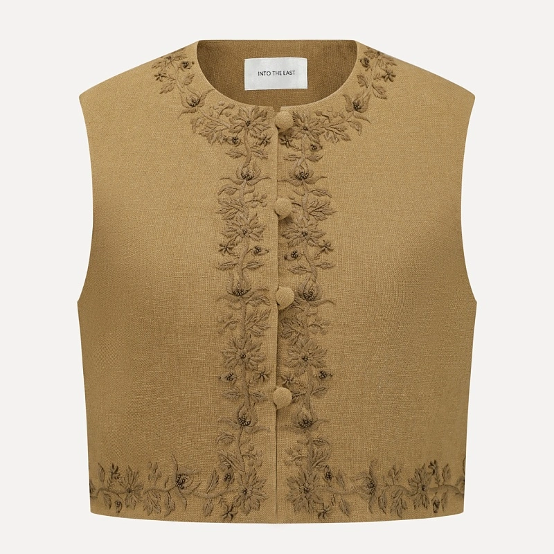 Apricot Linen Embroidered Vest