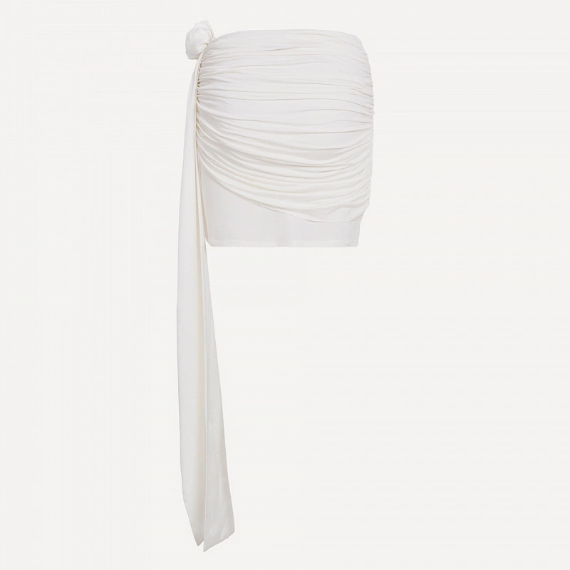 White Twisted Jersey Mini Skirt with Rose Ribbon
