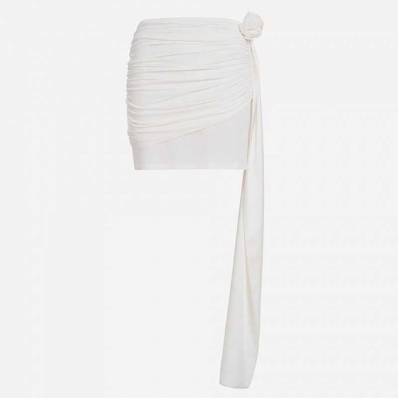 White Twisted Jersey Mini Skirt with Rose Ribbon