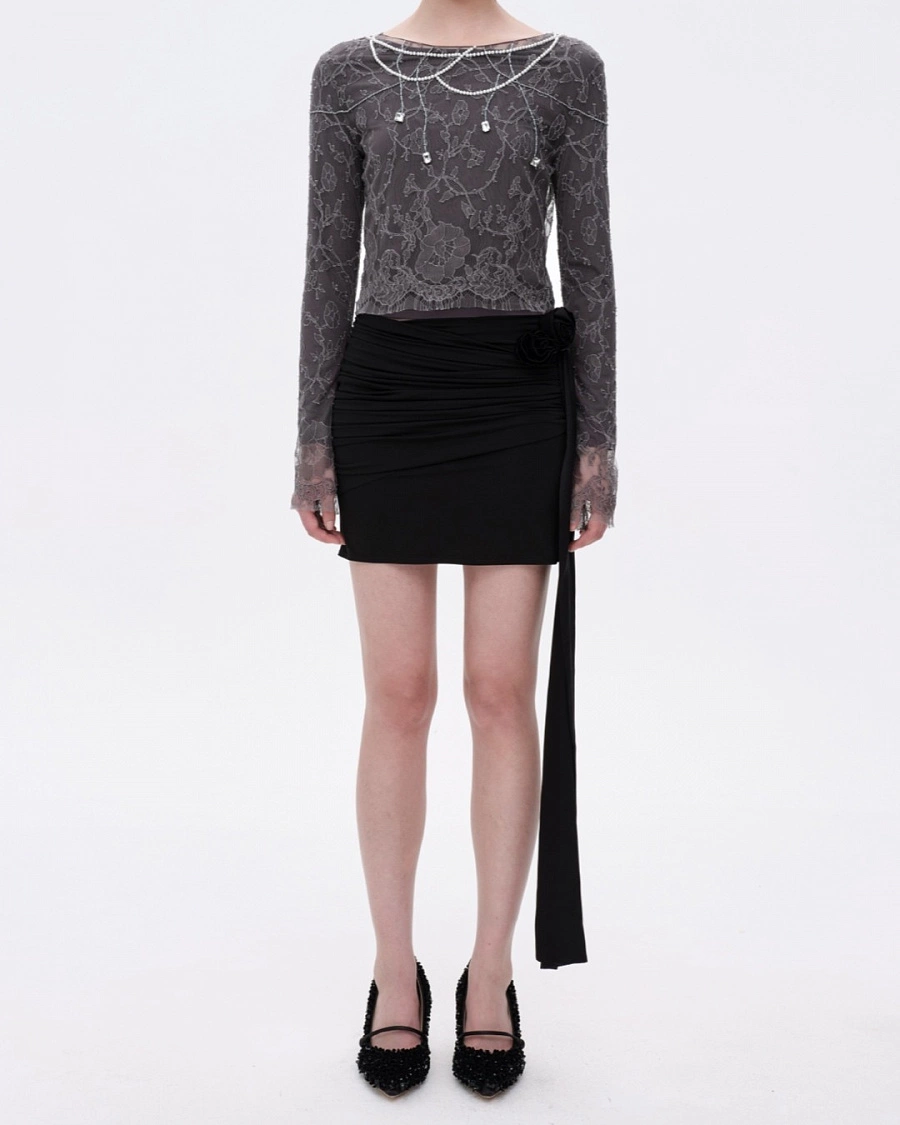 Black Twisted Jersey Mini Skirt with Rose Ribbon