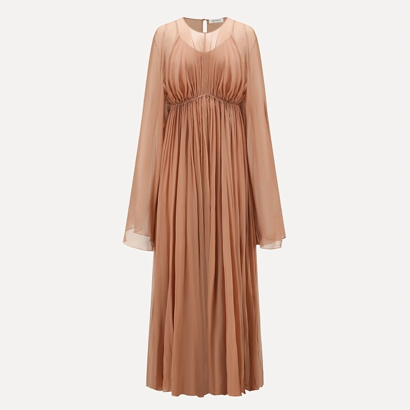Coral Pink Gathered Long Sleeve Dress