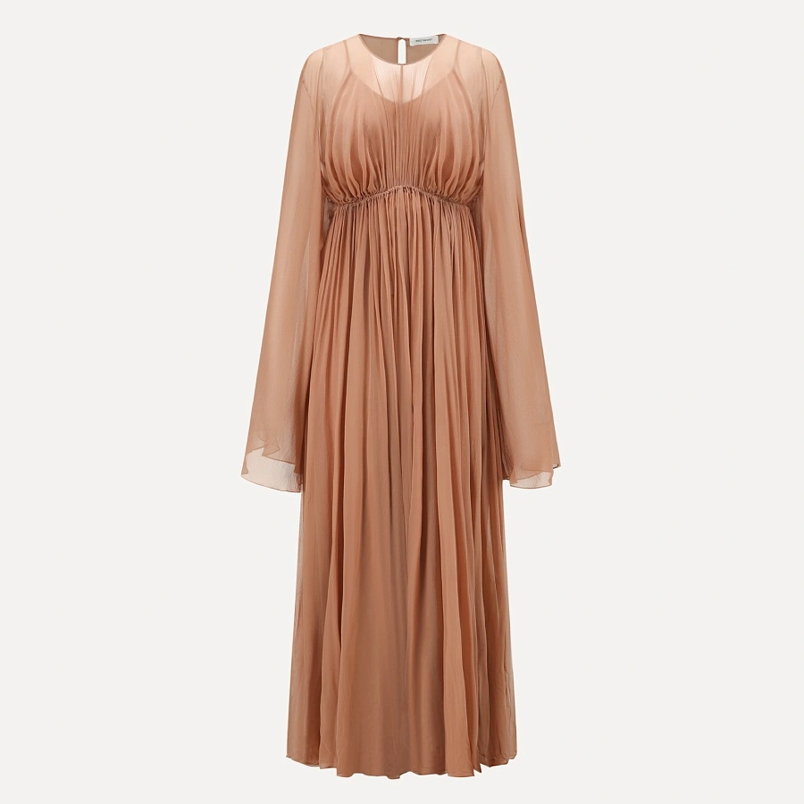 Coral Pink Gathered Long Sleeve Dress