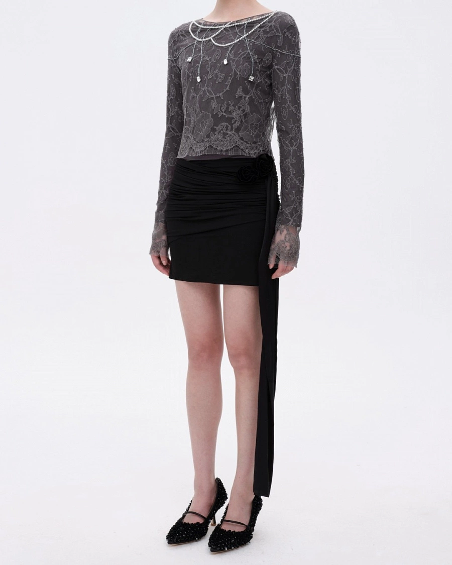 Black Twisted Jersey Mini Skirt with Rose Ribbon