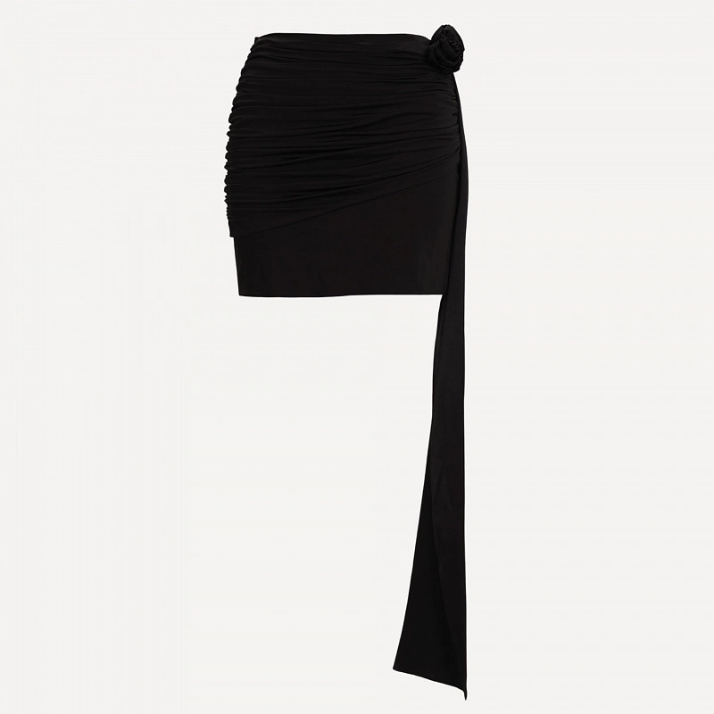 Black Twisted Jersey Mini Skirt with Rose Ribbon