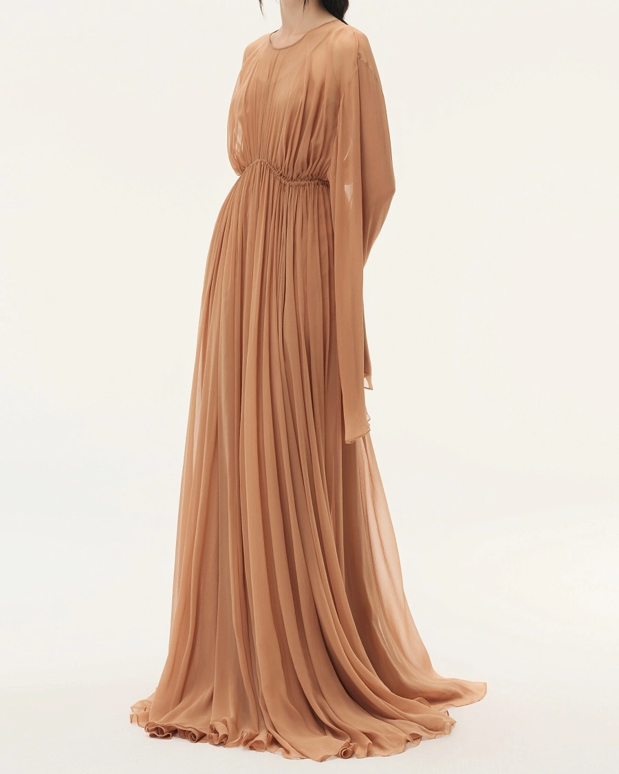 Coral Pink Gathered Long Sleeve Dress