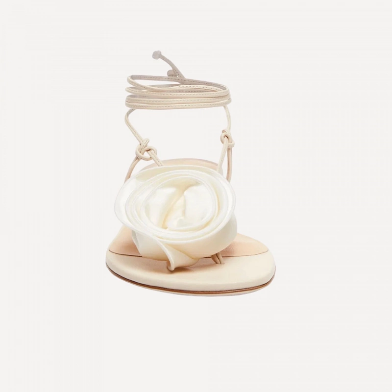 WRAP AROUND FLAT FLOWER SANDALS SATIN CREAM